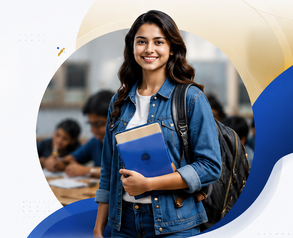 Smiling student holding books in classroom
